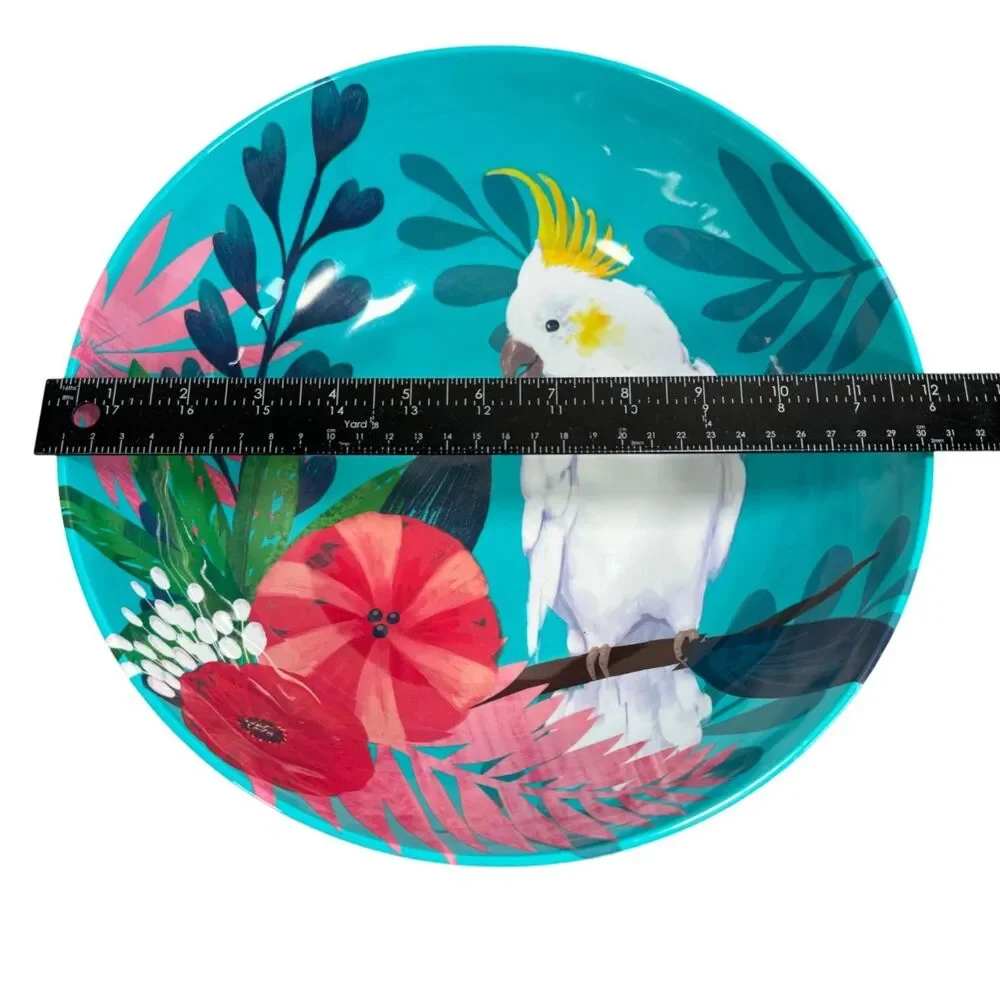 PIER 1 Pasta Bowl Blue Tropical Cockatoo Bird Melamine Salad Serving Large Dish